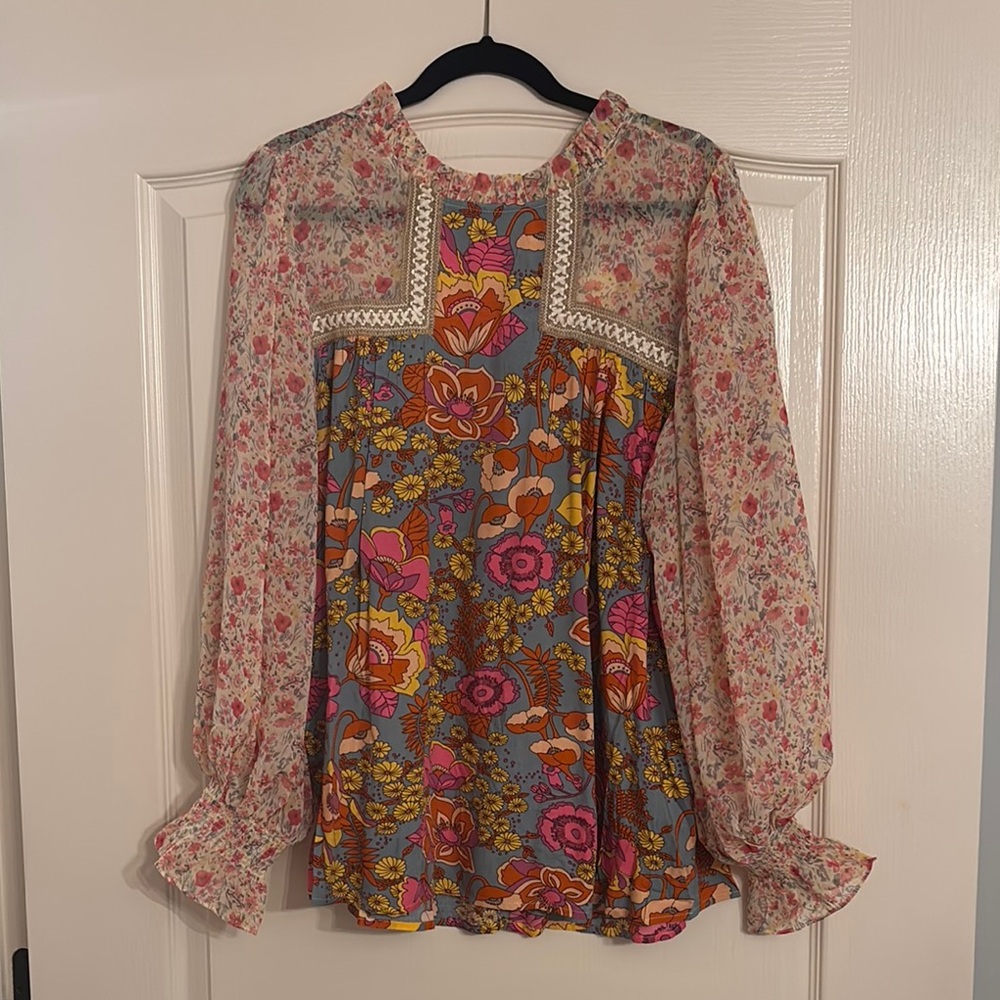 Red and Orange Ruffled Embellished Blouse with Peter Pan Collar